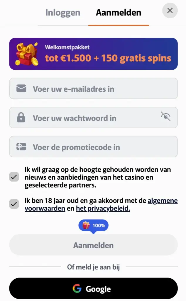 Snel formulier om een spelersaccount aan te maken